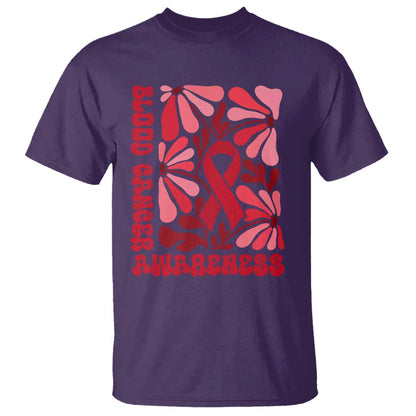 Blood Cancer Support T Shirt Red Ribbon 60s 70s Retro Groovy Flower
