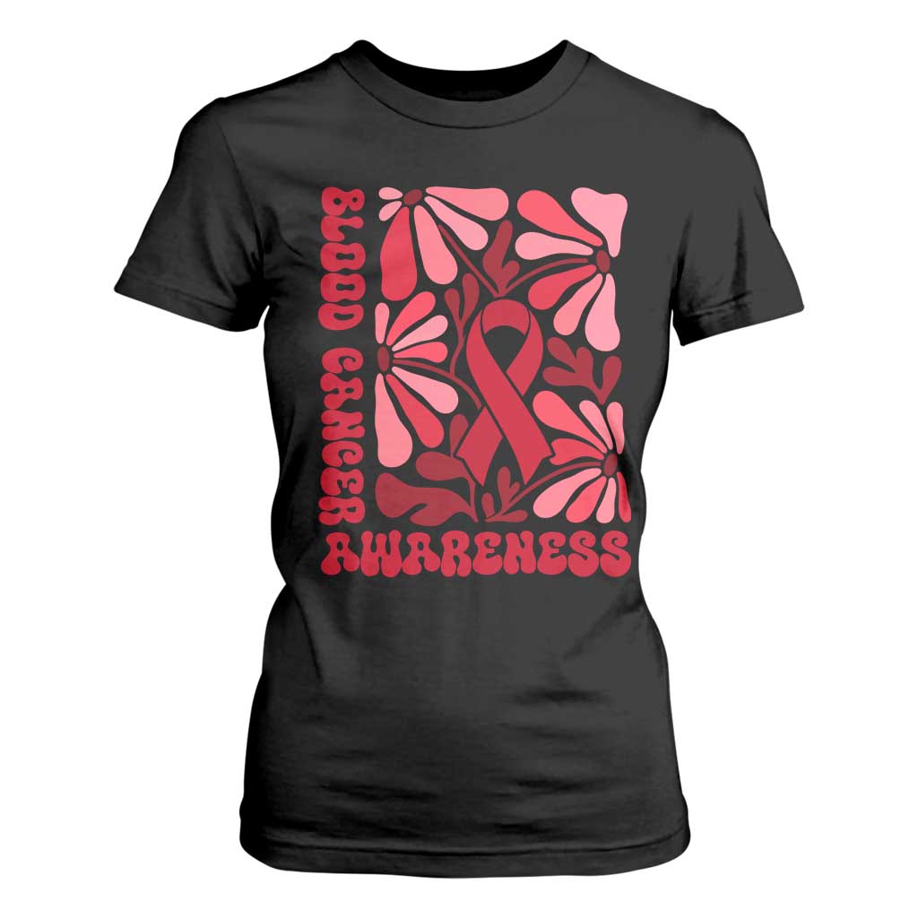 Blood Cancer Support T Shirt For Women Red Ribbon 60s 70s Retro Groovy Flower
