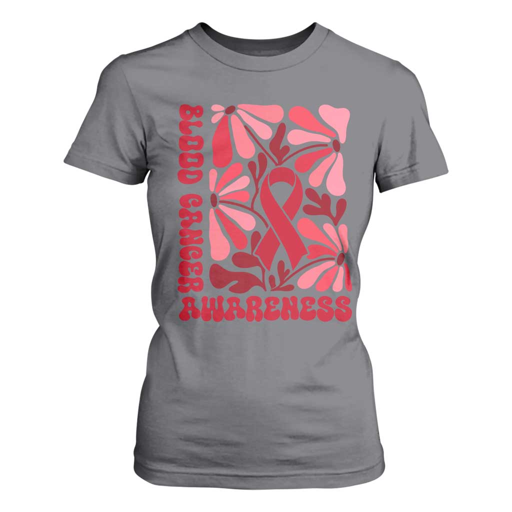 Blood Cancer Support T Shirt For Women Red Ribbon 60s 70s Retro Groovy Flower