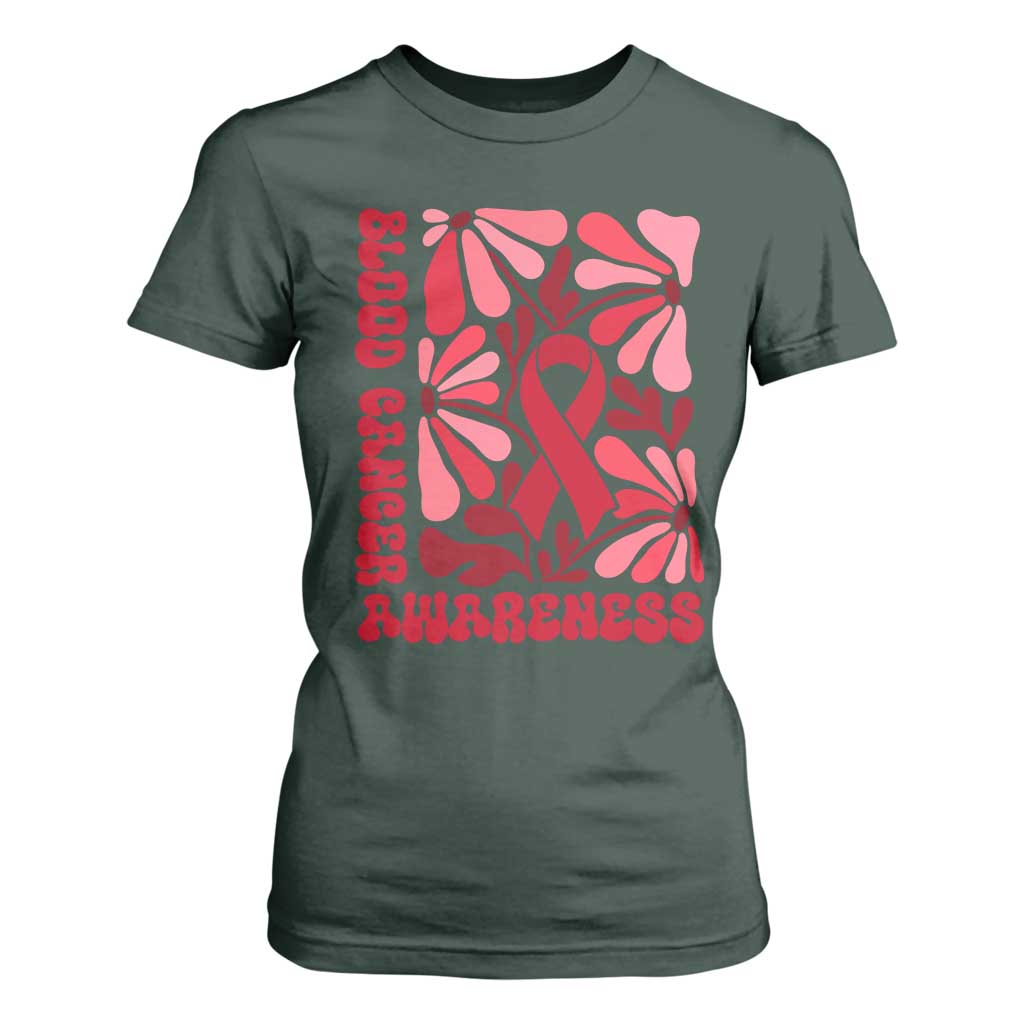 Blood Cancer Support T Shirt For Women Red Ribbon 60s 70s Retro Groovy Flower