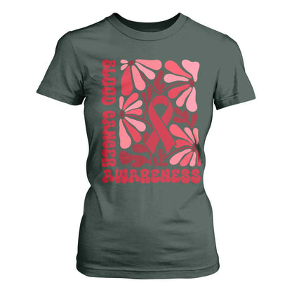 Blood Cancer Support T Shirt For Women Red Ribbon 60s 70s Retro Groovy Flower