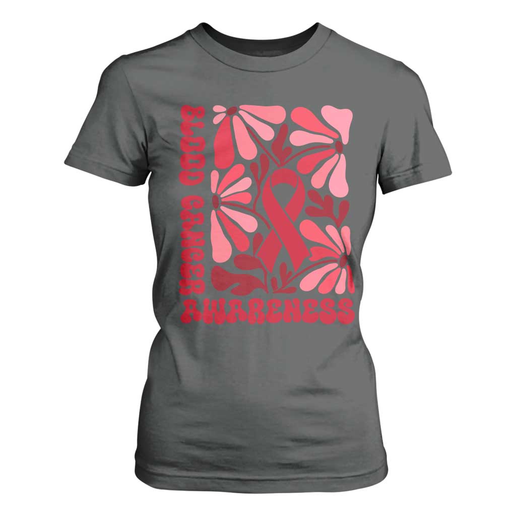 Blood Cancer Support T Shirt For Women Red Ribbon 60s 70s Retro Groovy Flower