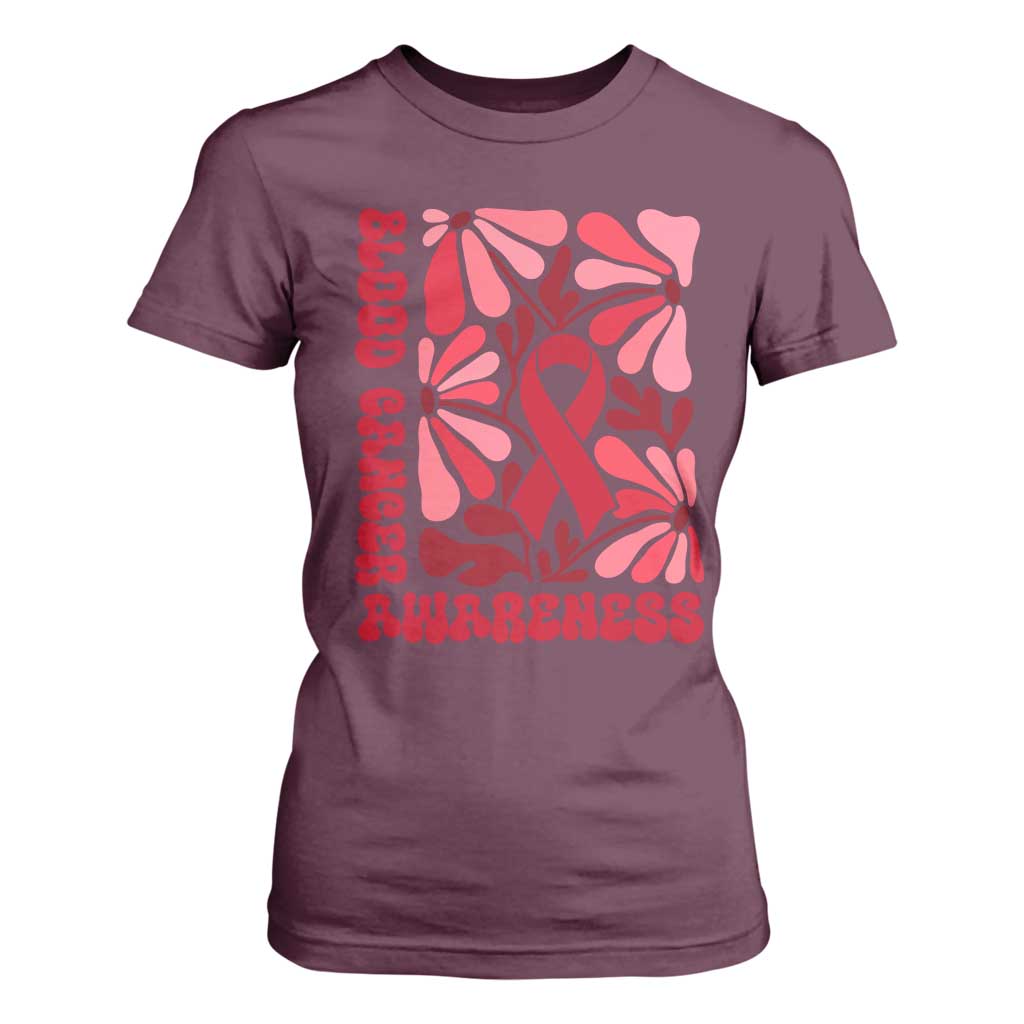 Blood Cancer Support T Shirt For Women Red Ribbon 60s 70s Retro Groovy Flower