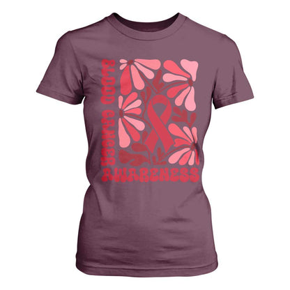 Blood Cancer Support T Shirt For Women Red Ribbon 60s 70s Retro Groovy Flower