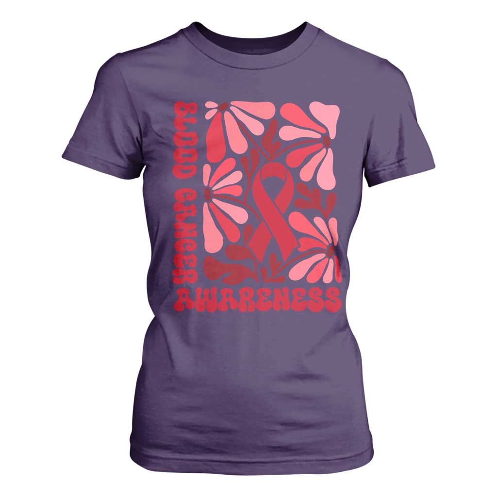 Blood Cancer Support T Shirt For Women Red Ribbon 60s 70s Retro Groovy Flower