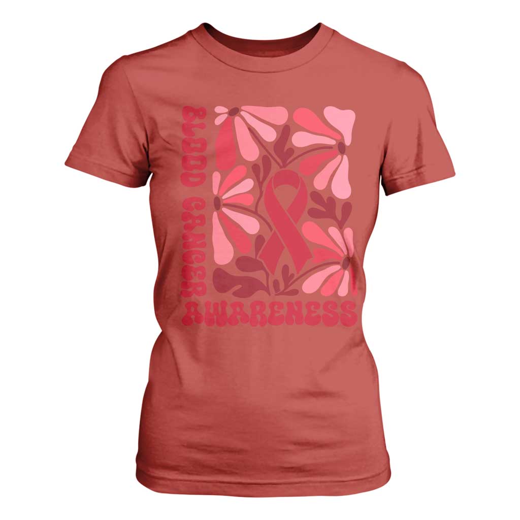 Blood Cancer Support T Shirt For Women Red Ribbon 60s 70s Retro Groovy Flower