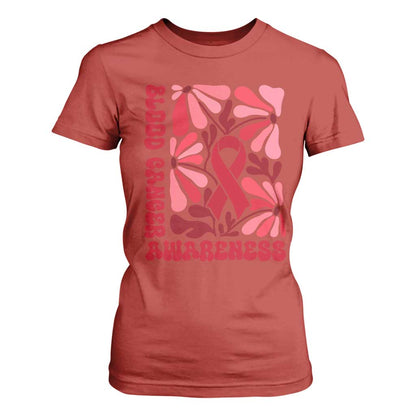 Blood Cancer Support T Shirt For Women Red Ribbon 60s 70s Retro Groovy Flower