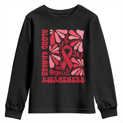 Blood Cancer Support Youth Sweatshirt Red Ribbon 60s 70s Retro Groovy Flower