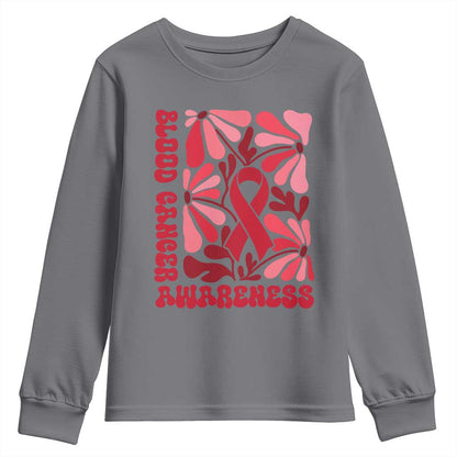 Blood Cancer Support Youth Sweatshirt Red Ribbon 60s 70s Retro Groovy Flower