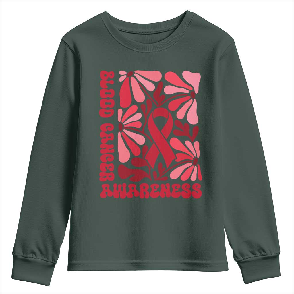 Blood Cancer Support Youth Sweatshirt Red Ribbon 60s 70s Retro Groovy Flower