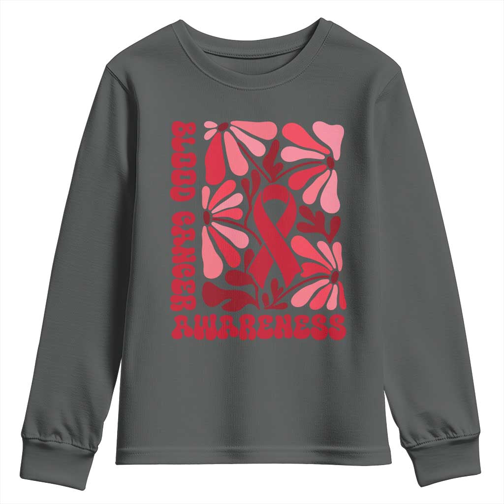 Blood Cancer Support Youth Sweatshirt Red Ribbon 60s 70s Retro Groovy Flower
