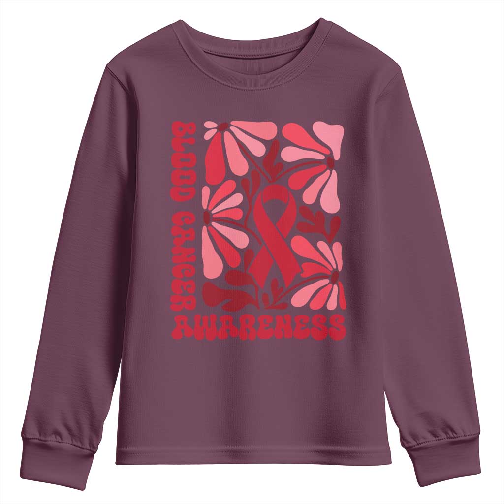Blood Cancer Support Youth Sweatshirt Red Ribbon 60s 70s Retro Groovy Flower