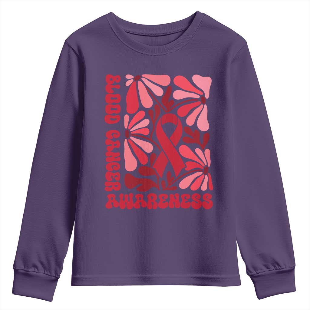 Blood Cancer Support Youth Sweatshirt Red Ribbon 60s 70s Retro Groovy Flower