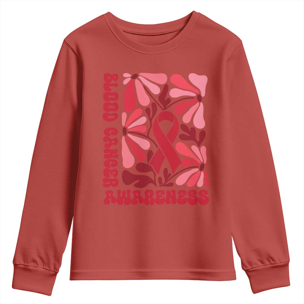 Blood Cancer Support Youth Sweatshirt Red Ribbon 60s 70s Retro Groovy Flower