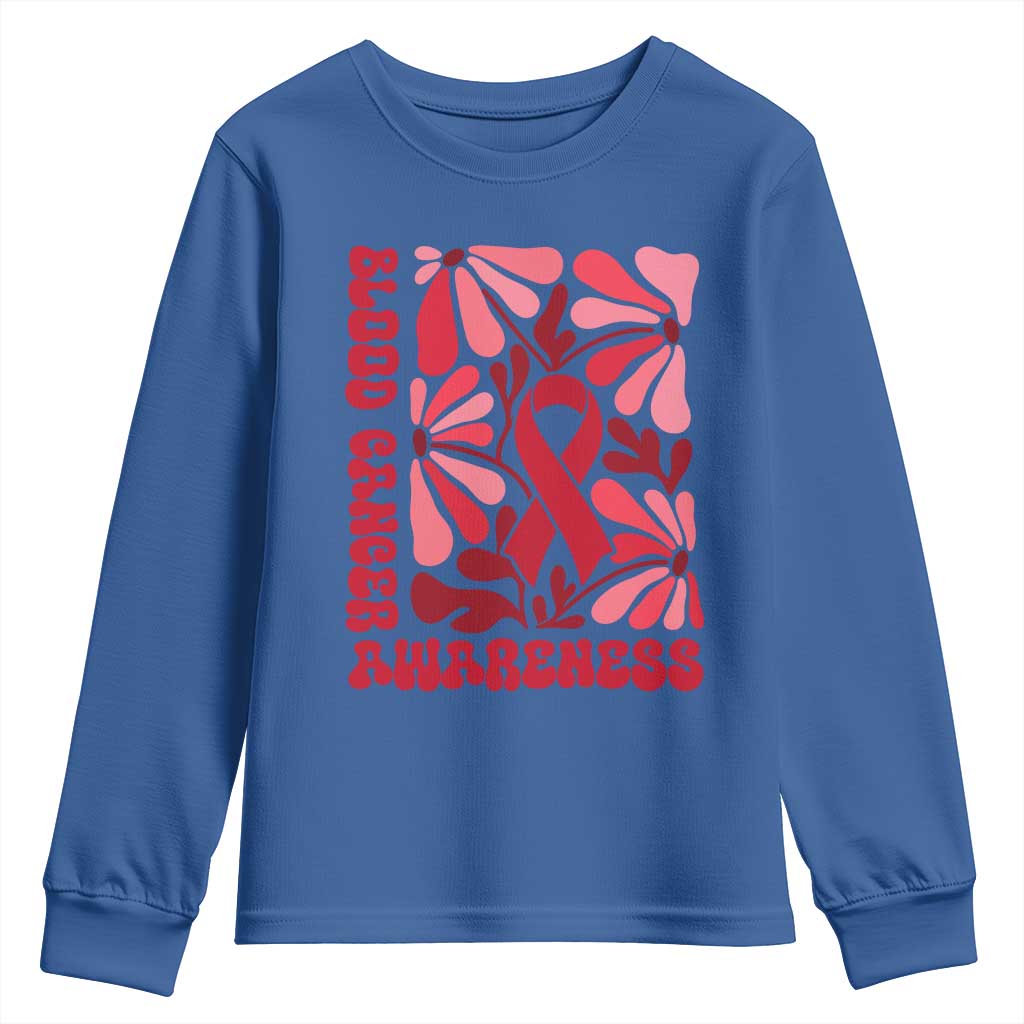 Blood Cancer Support Youth Sweatshirt Red Ribbon 60s 70s Retro Groovy Flower