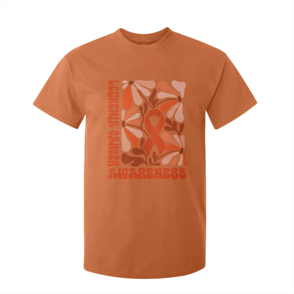 Leukemia Cancer Support T Shirt For Kid Orange Ribbon 60s 70s Retro Groovy Flower