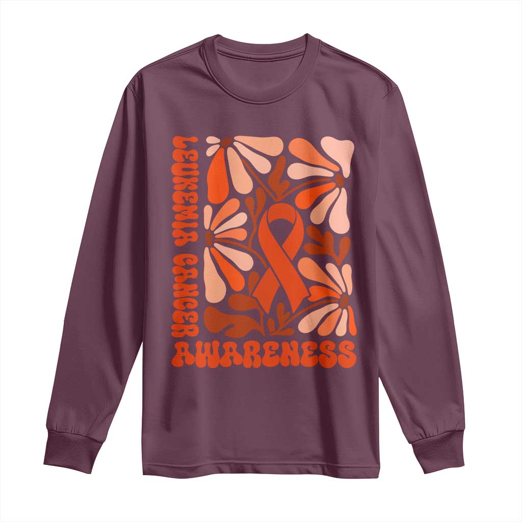 Leukemia Cancer Support Long Sleeve Shirt Orange Ribbon 60s 70s Retro Groovy Flower