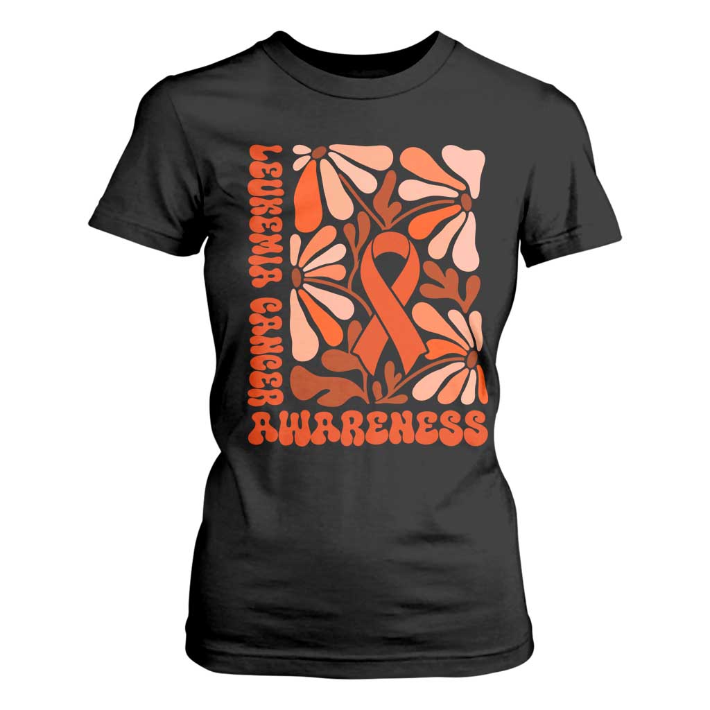 Leukemia Cancer Support T Shirt For Women Orange Ribbon 60s 70s Retro Groovy Flower