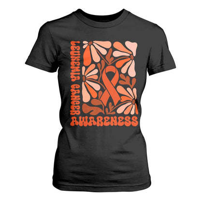 Leukemia Cancer Support T Shirt For Women Orange Ribbon 60s 70s Retro Groovy Flower