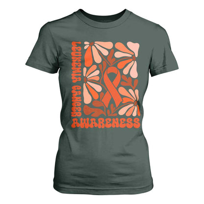 Leukemia Cancer Support T Shirt For Women Orange Ribbon 60s 70s Retro Groovy Flower