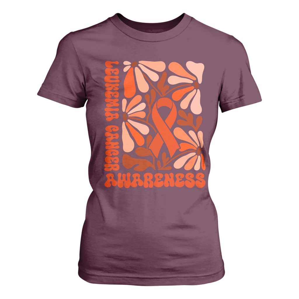 Leukemia Cancer Support T Shirt For Women Orange Ribbon 60s 70s Retro Groovy Flower