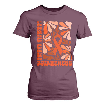 Leukemia Cancer Support T Shirt For Women Orange Ribbon 60s 70s Retro Groovy Flower