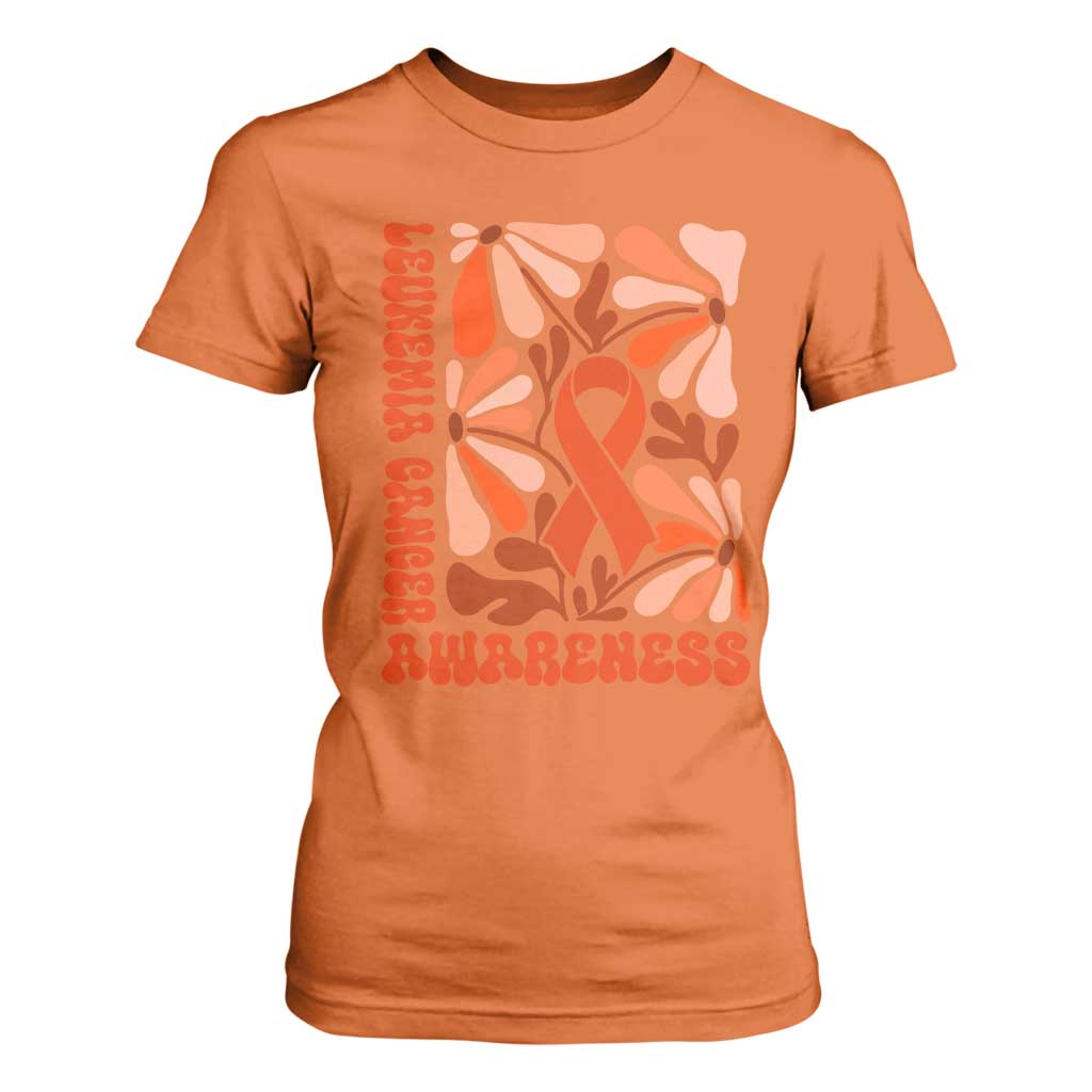 Leukemia Cancer Support T Shirt For Women Orange Ribbon 60s 70s Retro Groovy Flower