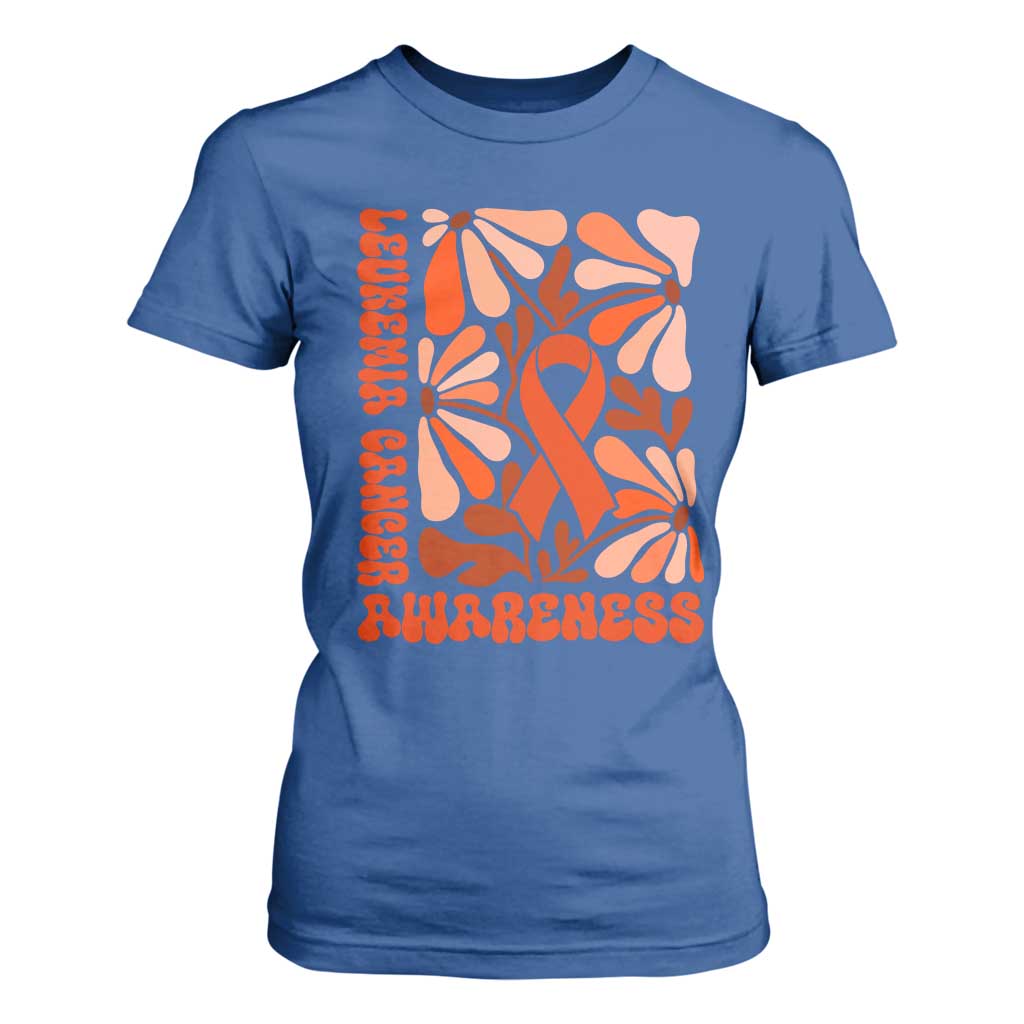 Leukemia Cancer Support T Shirt For Women Orange Ribbon 60s 70s Retro Groovy Flower