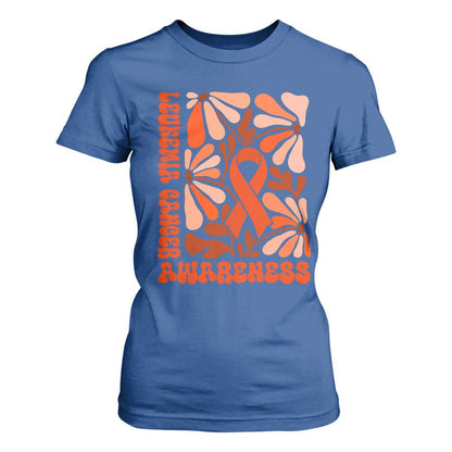 Leukemia Cancer Support T Shirt For Women Orange Ribbon 60s 70s Retro Groovy Flower