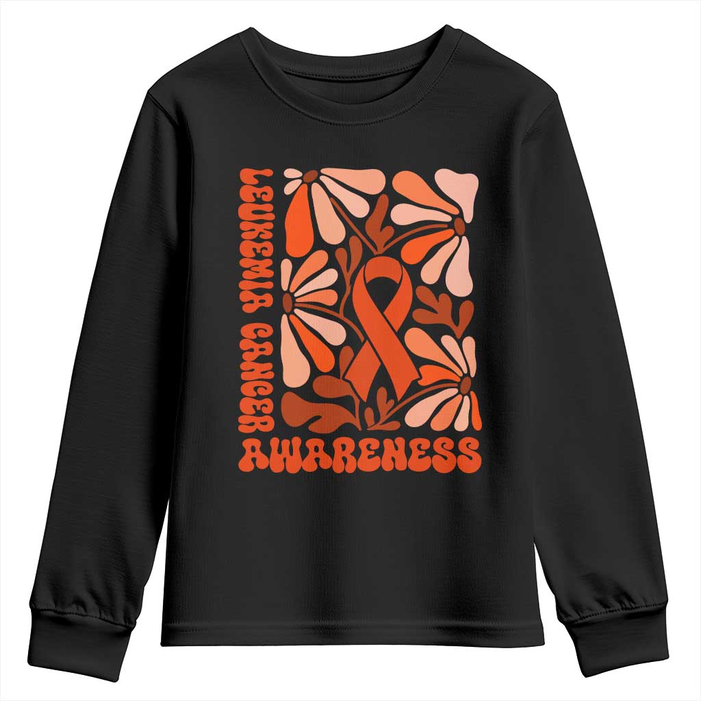 Leukemia Cancer Support Youth Sweatshirt Orange Ribbon 60s 70s Retro Groovy Flower