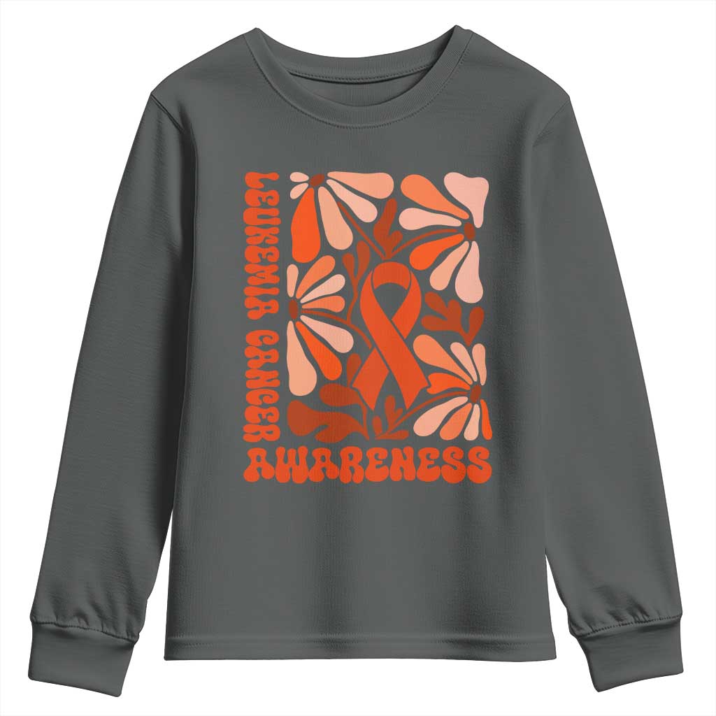 Leukemia Cancer Support Youth Sweatshirt Orange Ribbon 60s 70s Retro Groovy Flower
