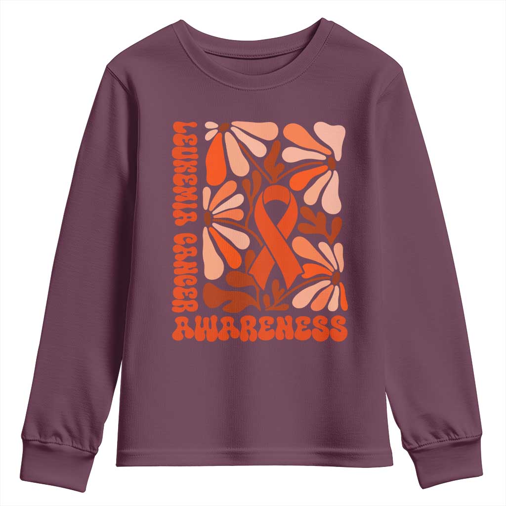 Leukemia Cancer Support Youth Sweatshirt Orange Ribbon 60s 70s Retro Groovy Flower
