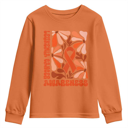 Leukemia Cancer Support Youth Sweatshirt Orange Ribbon 60s 70s Retro Groovy Flower