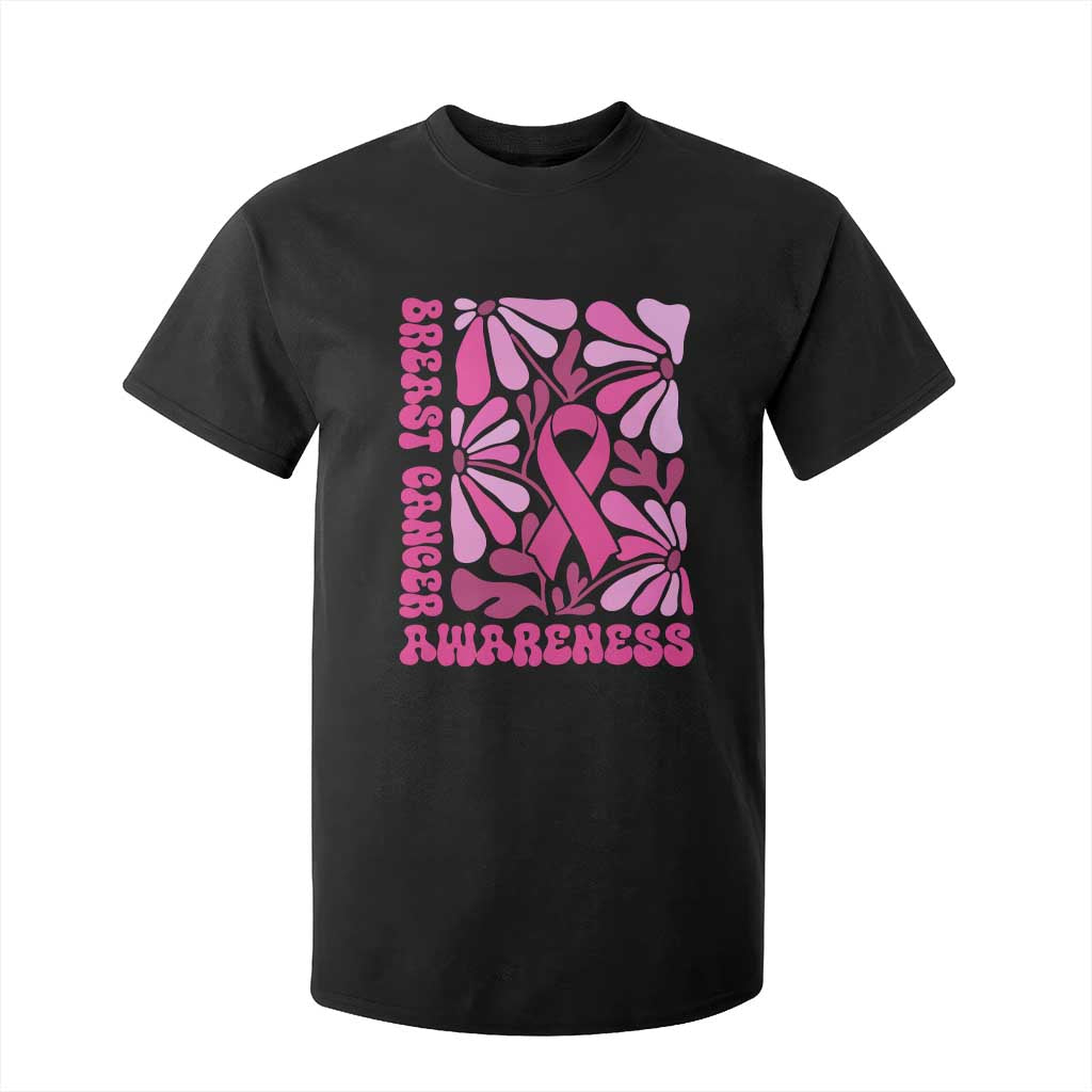 Breast Cancer Support T Shirt For Kid Pink Ribbon 60s 70s Retro Groovy Flower