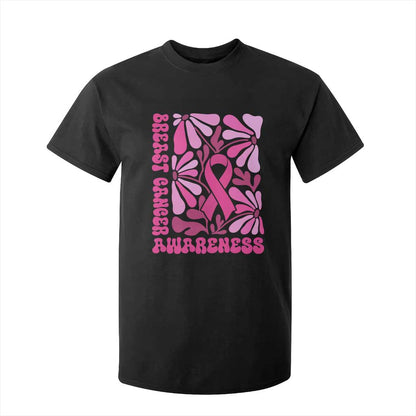 Breast Cancer Support T Shirt For Kid Pink Ribbon 60s 70s Retro Groovy Flower