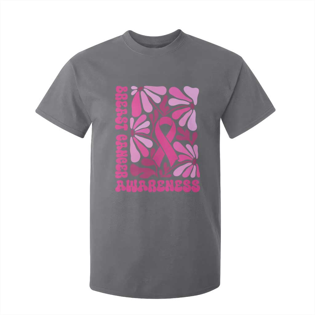 Breast Cancer Support T Shirt For Kid Pink Ribbon 60s 70s Retro Groovy Flower