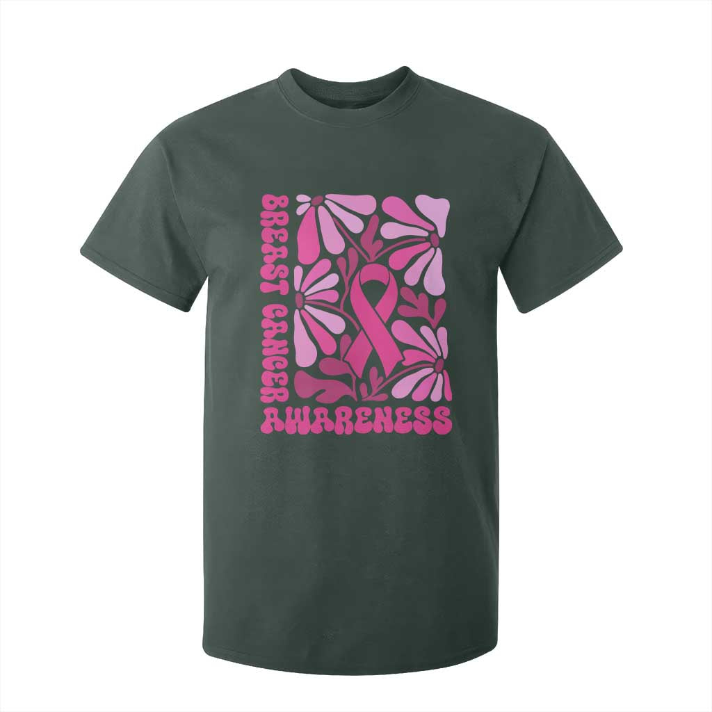 Breast Cancer Support T Shirt For Kid Pink Ribbon 60s 70s Retro Groovy Flower