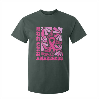 Breast Cancer Support T Shirt For Kid Pink Ribbon 60s 70s Retro Groovy Flower