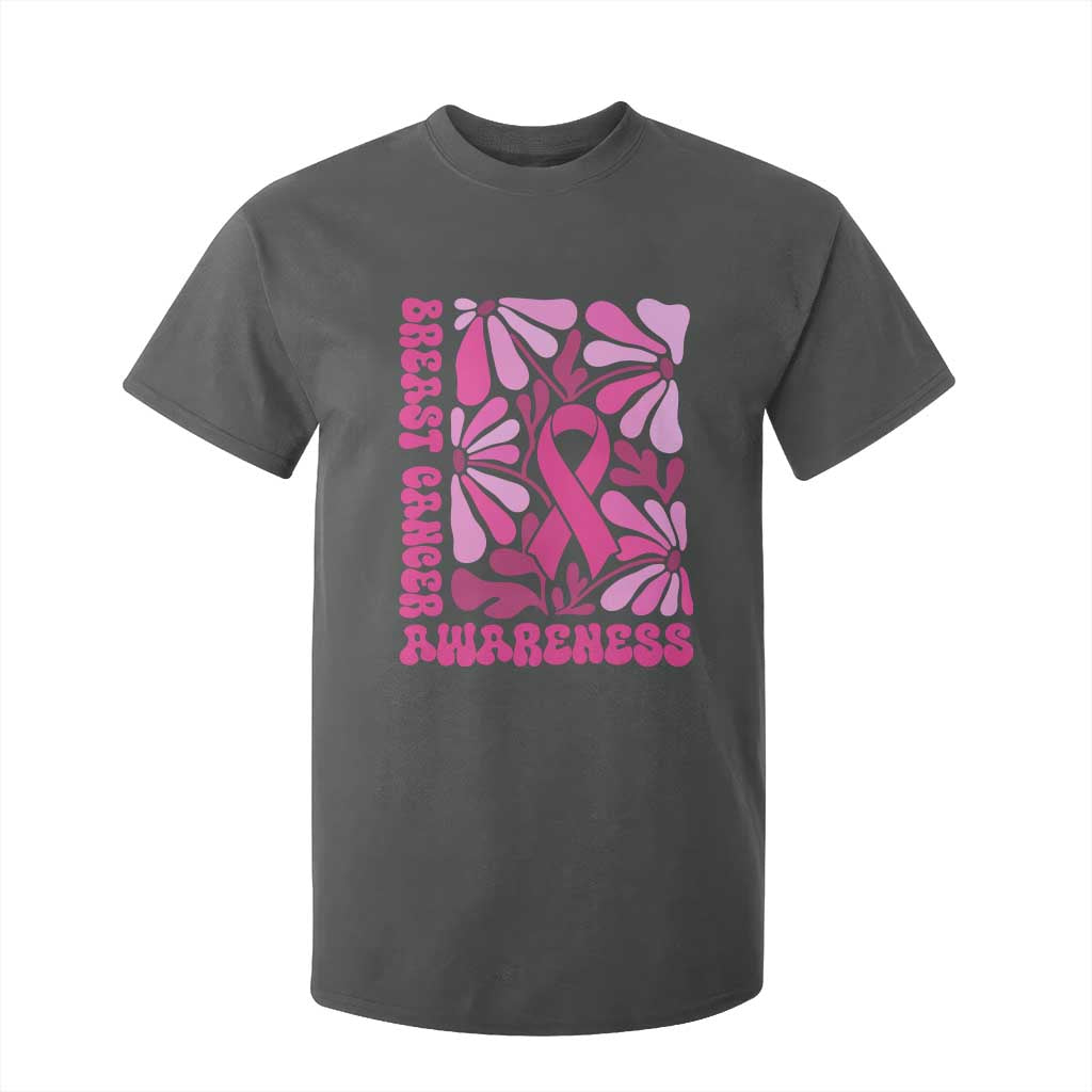 Breast Cancer Support T Shirt For Kid Pink Ribbon 60s 70s Retro Groovy Flower