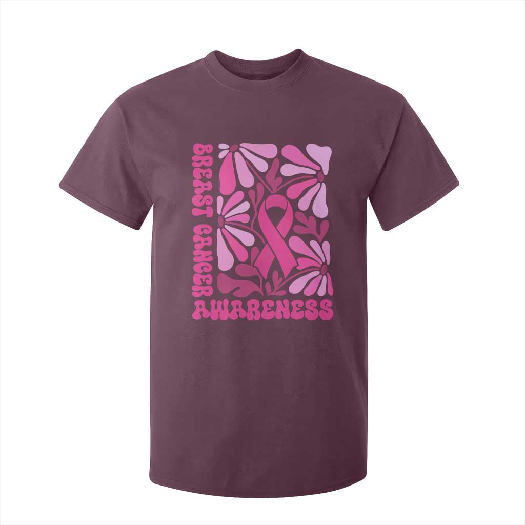 Breast Cancer Support T Shirt For Kid Pink Ribbon 60s 70s Retro Groovy Flower