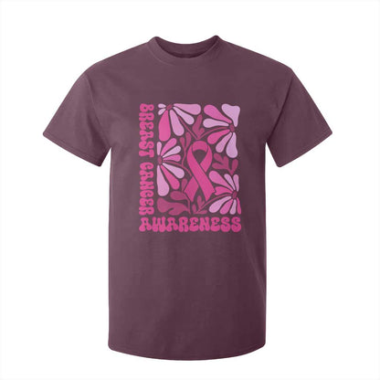 Breast Cancer Support T Shirt For Kid Pink Ribbon 60s 70s Retro Groovy Flower