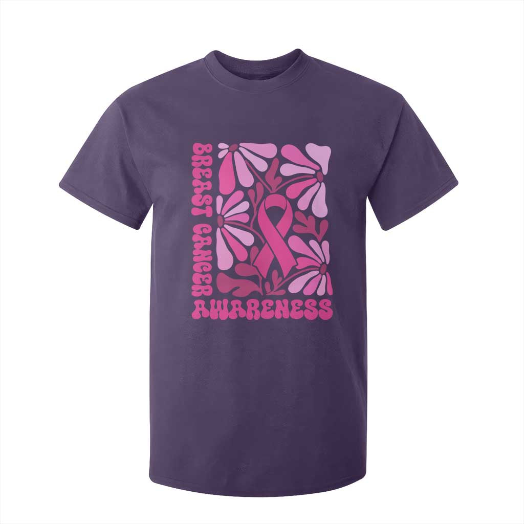 Breast Cancer Support T Shirt For Kid Pink Ribbon 60s 70s Retro Groovy Flower