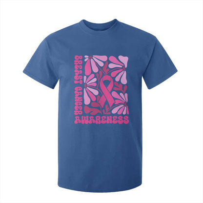 Breast Cancer Support T Shirt For Kid Pink Ribbon 60s 70s Retro Groovy Flower