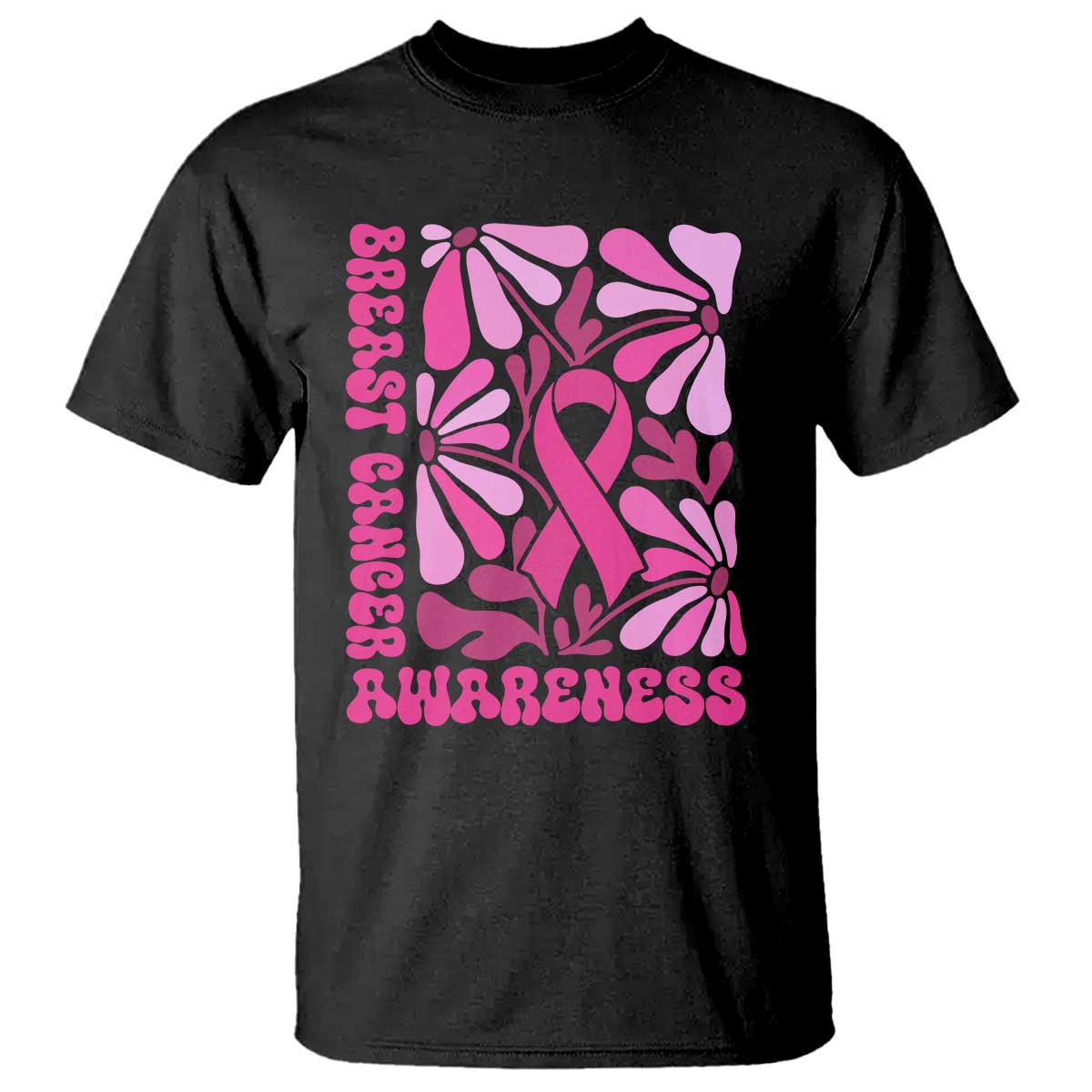 Breast Cancer Support T Shirt Pink Ribbon 60s 70s Retro Groovy Flower
