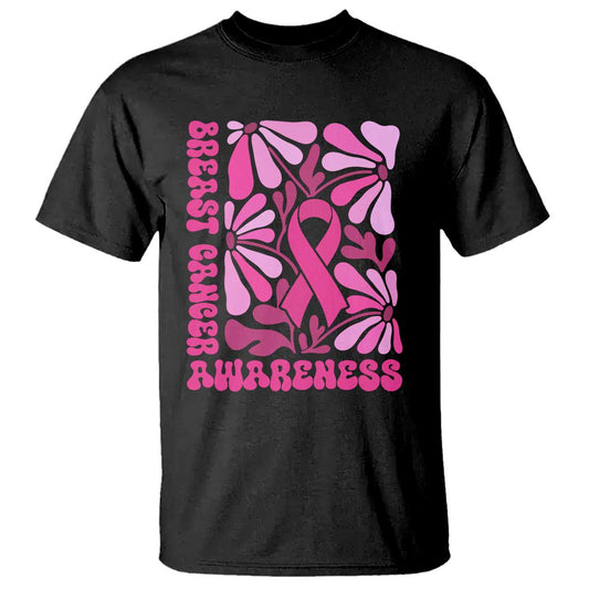 Breast Cancer Support T Shirt Pink Ribbon 60s 70s Retro Groovy Flower