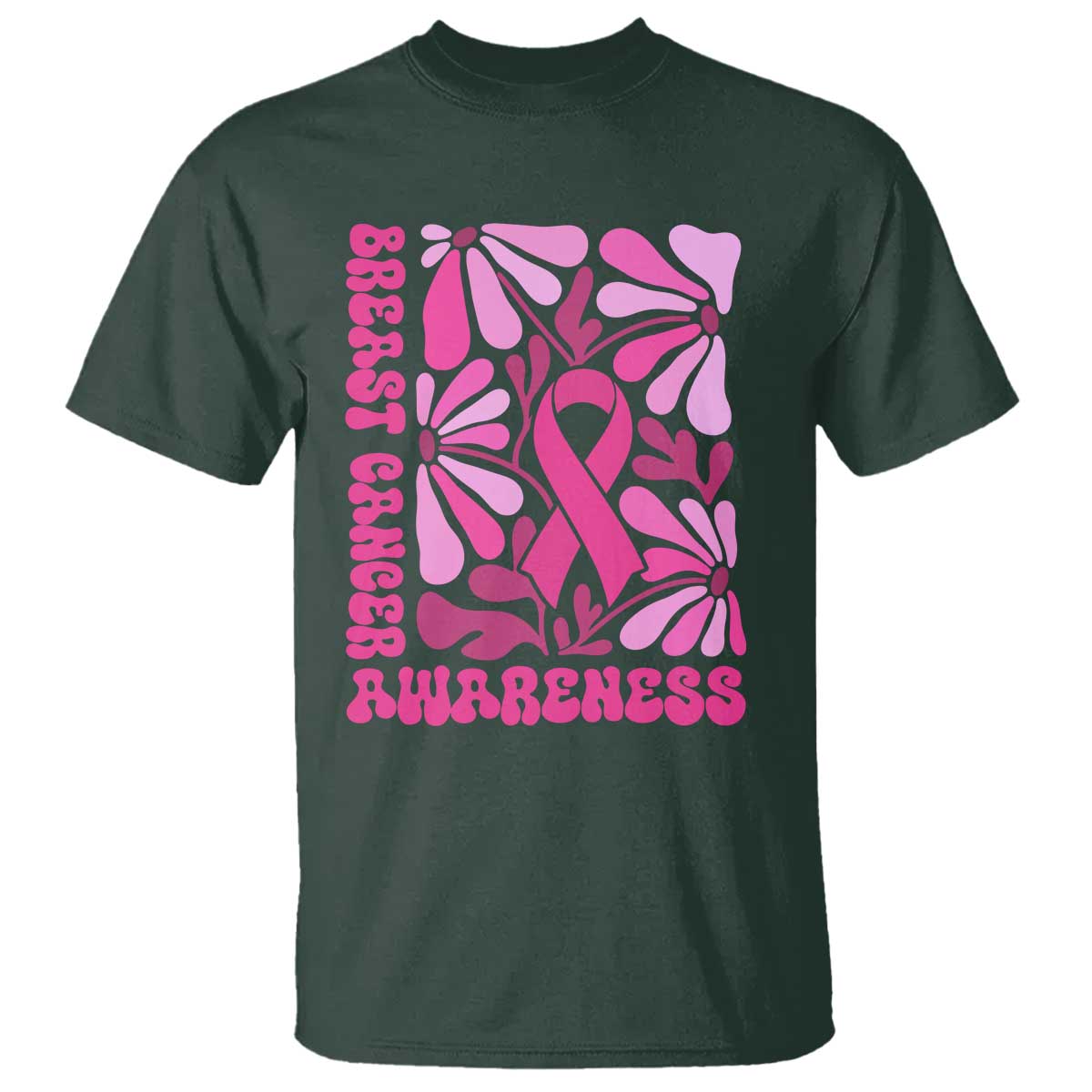 Breast Cancer Support T Shirt Pink Ribbon 60s 70s Retro Groovy Flower