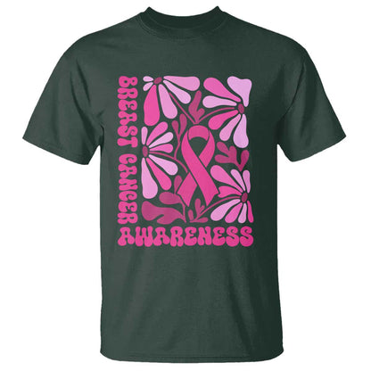 Breast Cancer Support T Shirt Pink Ribbon 60s 70s Retro Groovy Flower