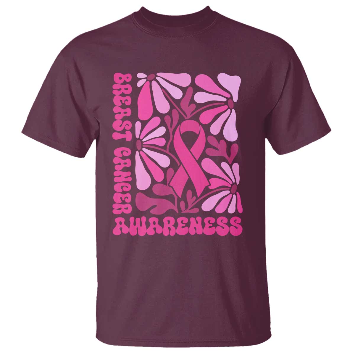 Breast Cancer Support T Shirt Pink Ribbon 60s 70s Retro Groovy Flower