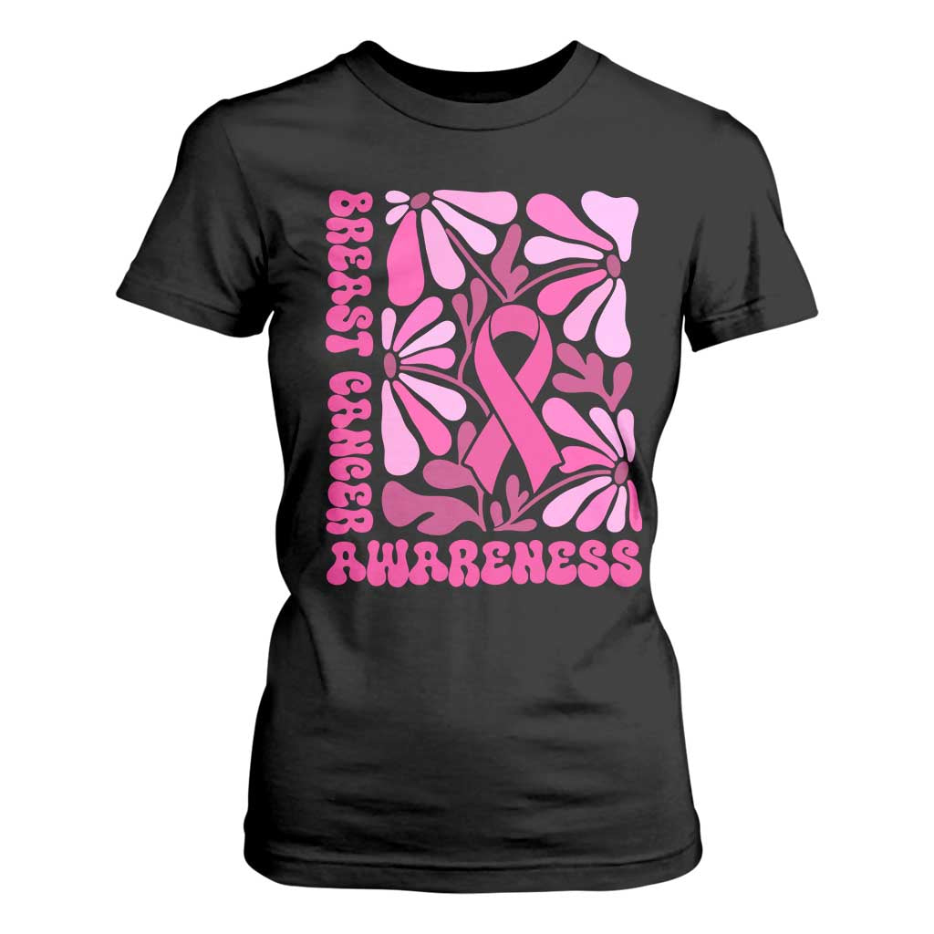 Breast Cancer Support T Shirt For Women Pink Ribbon 60s 70s Retro Groovy Flower
