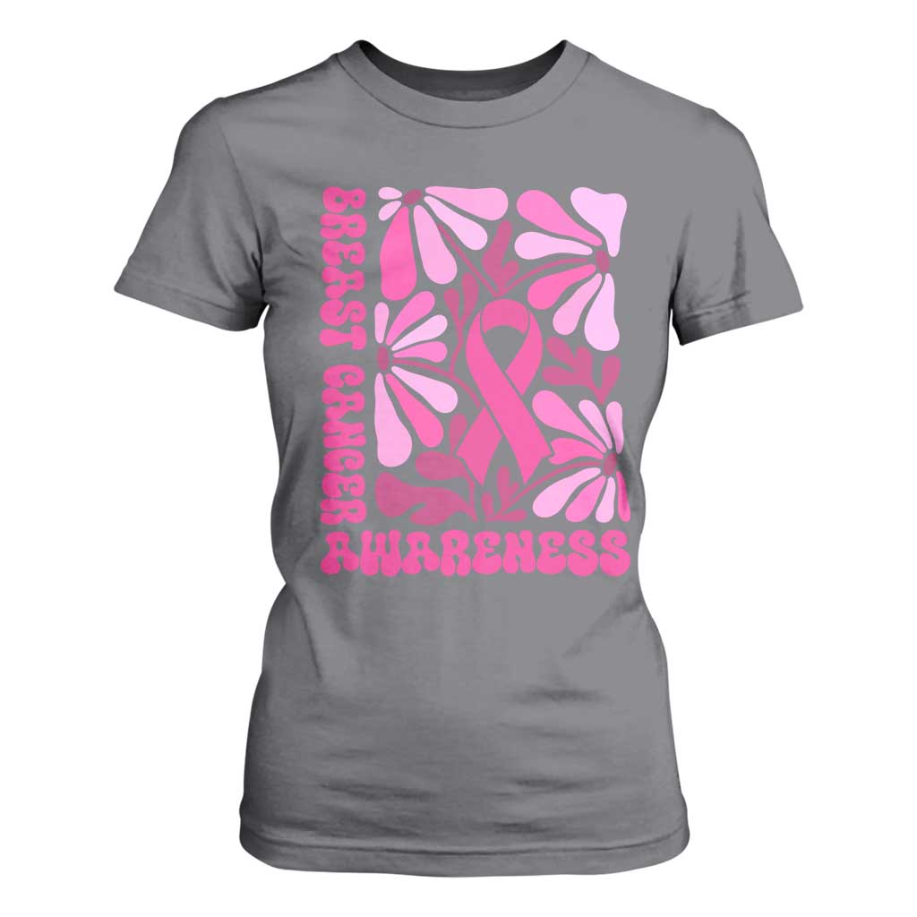 Breast Cancer Support T Shirt For Women Pink Ribbon 60s 70s Retro Groovy Flower